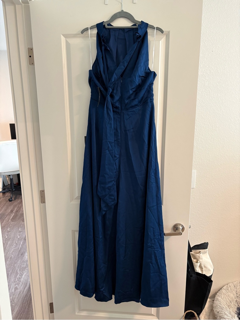 Lulus Regal Loveliness Blue Satin Pleated Mock Neck Maxi Dress - Size L - Picture 3 of 4